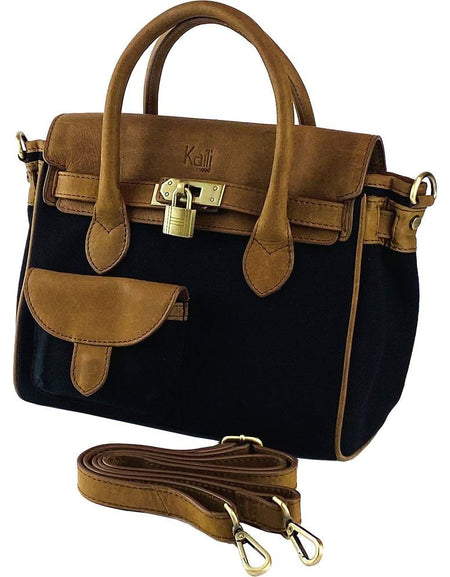 K0042ACB | Borsa a Mano Mini in Canvas/Vera Pelle Made in Italy. Tracolla removibile. Attacchi con moschettoni in metallo Ottone Anticato - Colore Nero - Dimensioni: cm 24 x 20 x 12-0