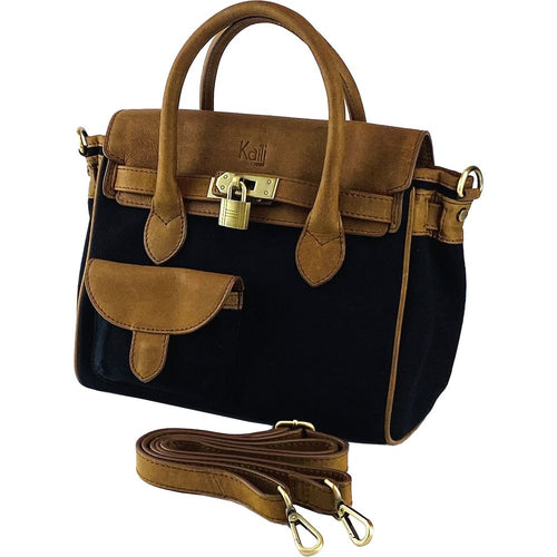 Load image into Gallery viewer, K0042ACB | Borsa a Mano Mini in Canvas/Vera Pelle Made in Italy. Tracolla removibile. Attacchi con moschettoni in metallo Ottone Anticato - Colore Nero - Dimensioni: cm 24 x 20 x 12-0
