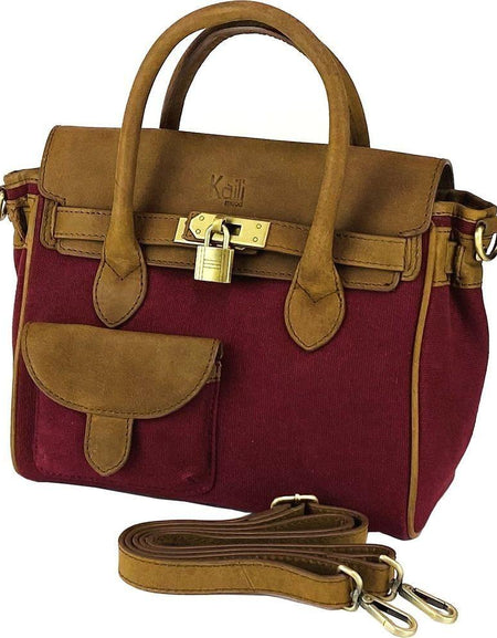 K0042XCB | Borsa a Mano Mini in Canvas/Vera Pelle Made in Italy. Tracolla removibile. Attacchi con moschettoni in metallo Ottone Anticato - Colore Bordeaux - Dimensioni: cm 24 x 20 x 12-0