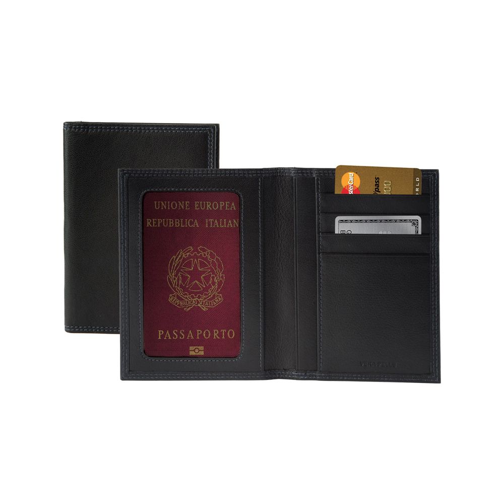 K10122AB | Porta Documenti + Passaporto in Vera Pelle pieno fiore, grana dollaro/liscia. Colore Nero. Dimensioni da chiuso: cm 10 x 14 x 1 - Confezione: Gift Box rigido fondo/coperchio-1