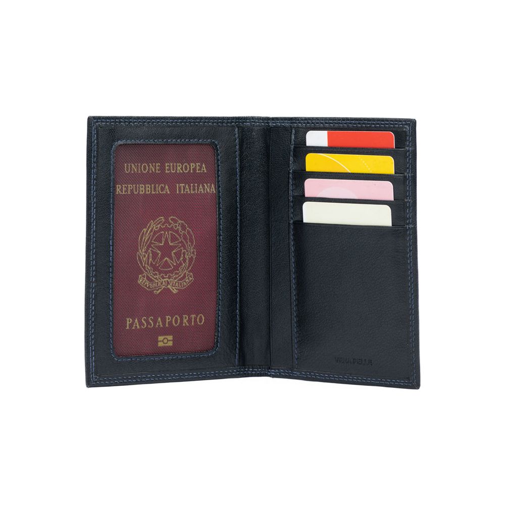 K10222AB | Porta Documenti + Passaporto in Vera Pelle pieno fiore, con leggera grana. Colore Nero. Dimensioni da chiuso: cm 10 x 14 x 1 - Confezione: Gift Box rigido fondo/coperchio-0