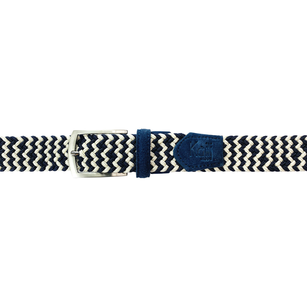K4004JB | Cintura Intrecciata in Elastico/Pelle. Colore Blu/Ecrù. Fibbia Nickel Satinato. Dimensioni: cm 120x3,5x0,5 (giro vita cm 105). Confezione: Gift Box rigido fondo/coperchio-2