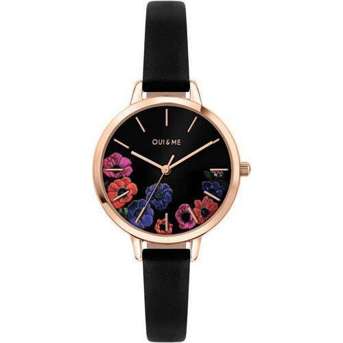 Load image into Gallery viewer, Oui &amp; Me Petite Fleurette Women&#39;s Watch Black Dial Leather Strap Quartz ME010059 Rose Gold - Elegant Black Leather Watch Strap Replacement for Women
