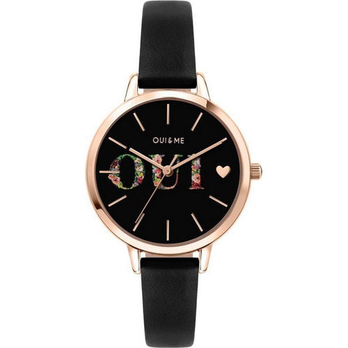 Load image into Gallery viewer, Introducing the Oui &amp; Me Fleurette Women&#39;s Black Leather Watch Strap Replacement - Rose Gold
