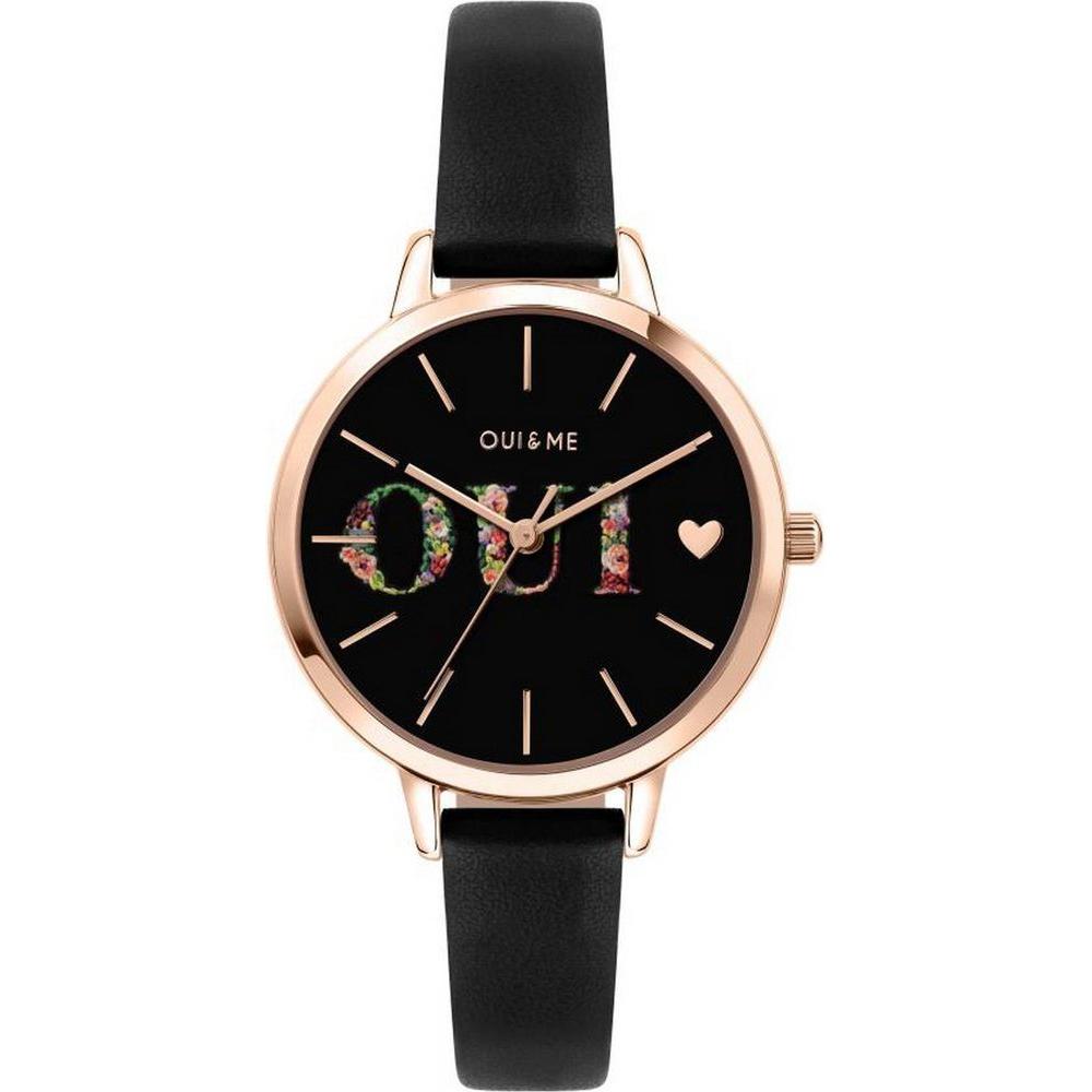 Introducing the Oui & Me Fleurette Women's Black Leather Watch Strap Replacement - Rose Gold