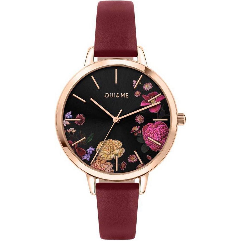 Oui & Me Women's Grande Fleurette Black Dial Leather Strap Quartz ME010086 Watch - Elegant Timepiece for Women