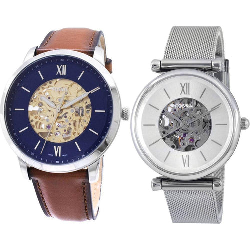 Load image into Gallery viewer, Fossil Neutra ME3160 Men&#39;s Automatic Watch and Carlie ME3176 Women&#39;s Automatic Watch Combo Set - Navy Blue and Silver
