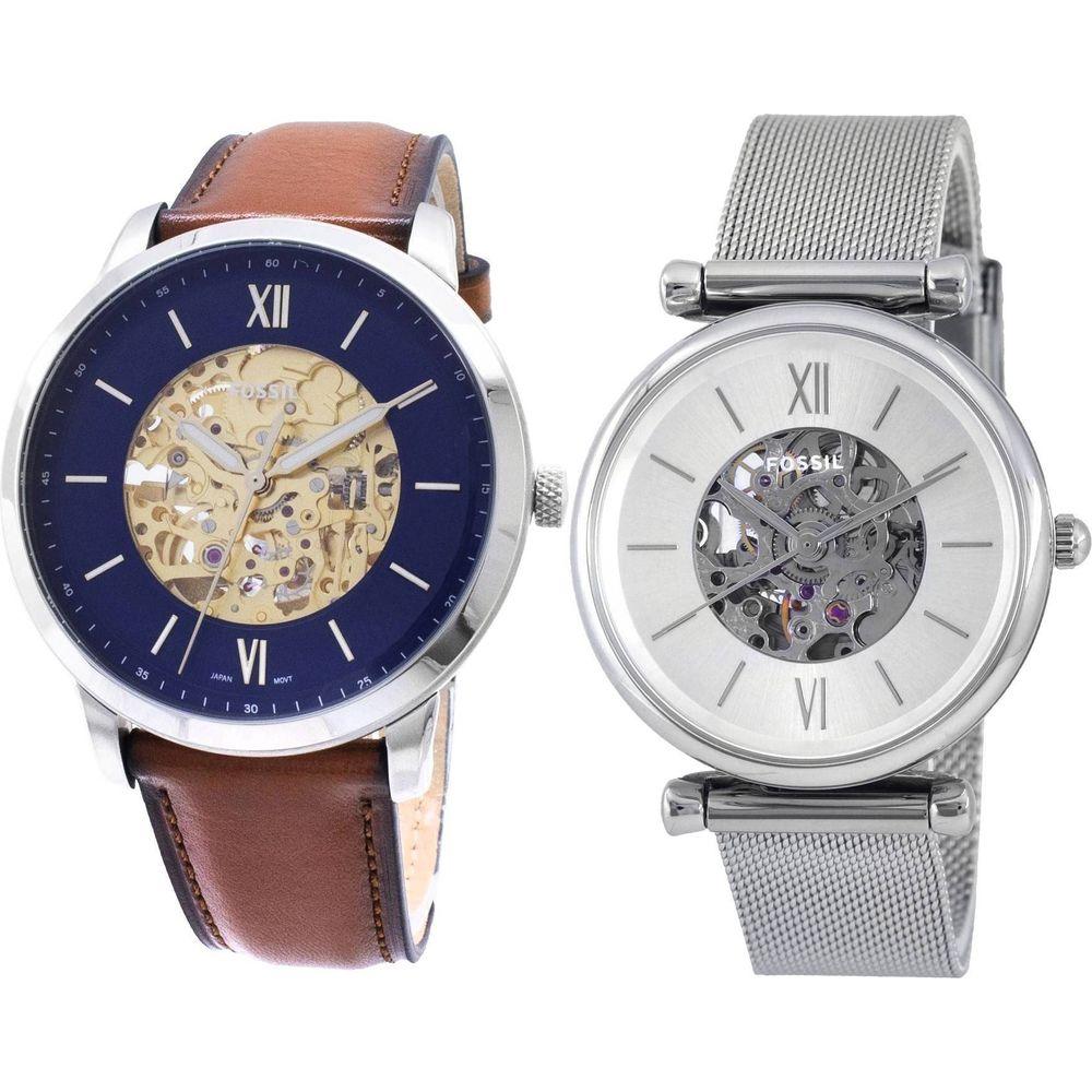 Fossil Neutra ME3160 Men's Automatic Watch and Carlie ME3176 Women's Automatic Watch Combo Set - Navy Blue and Silver