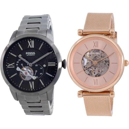 Load image into Gallery viewer, Fossil Stainless Steel Automatic Men&#39;s and Women&#39;s Watch Combo Set - ME3172-ME3175, Black Dial and Rose Gold
