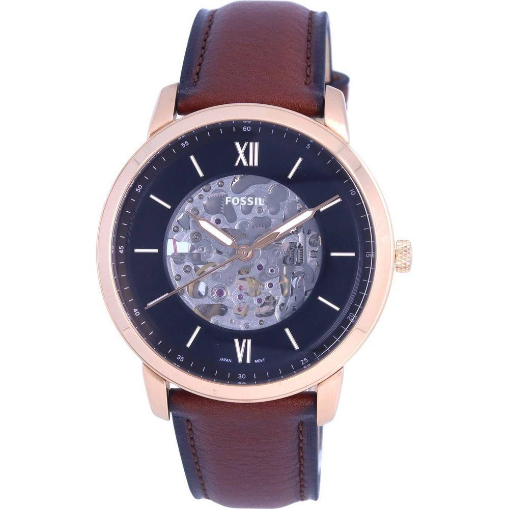 Fossil Neutra ME3195 Men's Rose Gold Skeleton Automatic Leather Watch - Black Dial