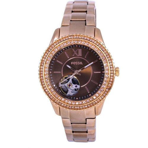 Load image into Gallery viewer, Fossil Stella ME3211 Women&#39;s Rose Gold Tone Crystal Accents Open Heart Brown Dial Automatic Watch
