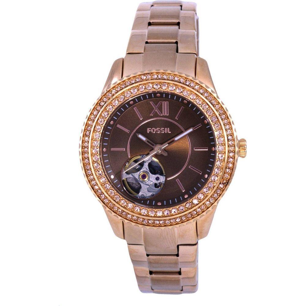 Fossil Stella ME3211 Women's Rose Gold Tone Crystal Accents Open Heart Brown Dial Automatic Watch