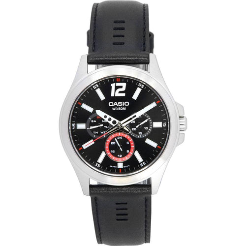 Load image into Gallery viewer, Casio MC-100 Men&#39;s Multifunction Analog Leather Strap Watch - Black
