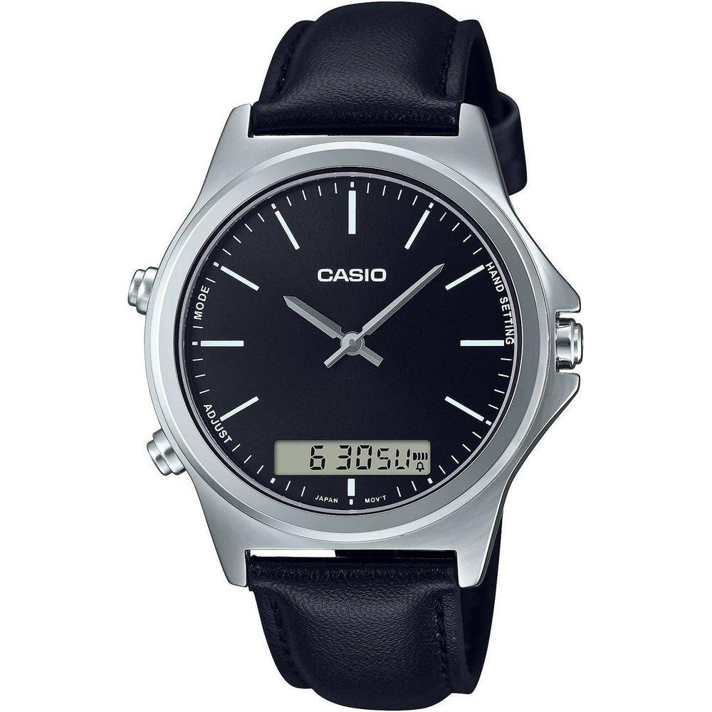 Casio Men's Dual Time Analog Digital Black Dial Leather Strap Watch - Model XYZ1234, Black