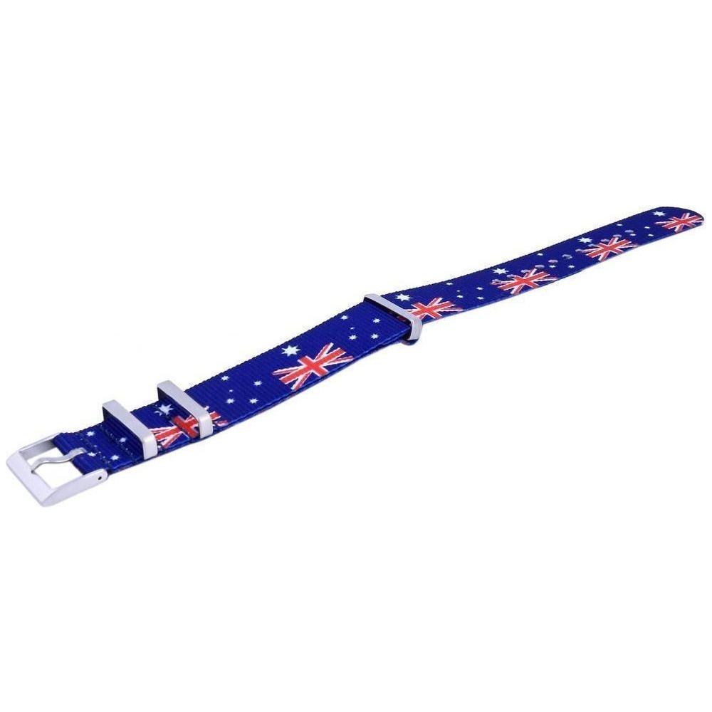 Introducing the "Australia National Flag Pattern Polyester 22mm Watch Strap for Men - Red/White/Blue" - A Distinguished Replacement Watch Strap for Style-Conscious Gentlemen.