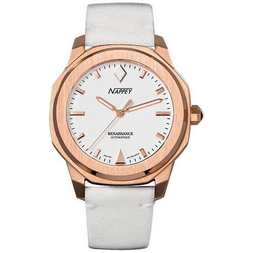 Load image into Gallery viewer, Nappey Renaissance Rose Gold and White Suede Automatic Watch NY41-BD2M-3B2A 200M Unisex
