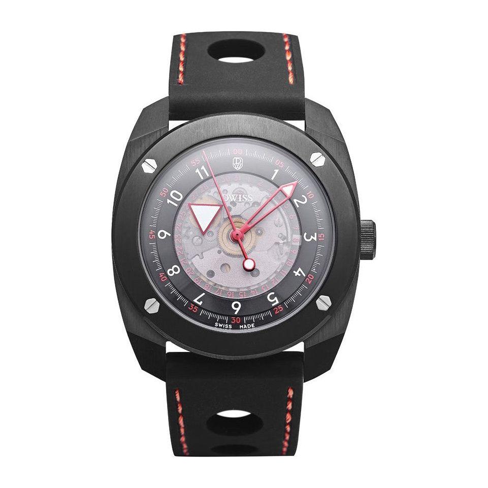 Introducing the Exquisite R2-BB-RUBBER Men's Automatic Watch with Floating Hours Display in Black and Red
