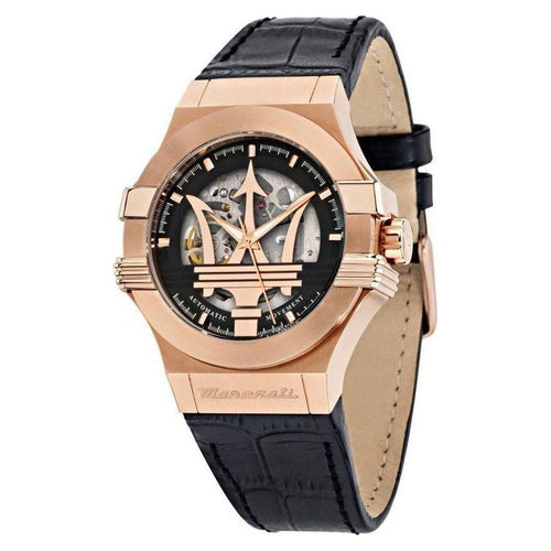 Load image into Gallery viewer, Maserati Potenza Classic Skeleton Dial Automatic R8821108039 100M Men&#39;s Rose Gold Tone Leather Strap Watch - Replacement Band in Brown for Men
