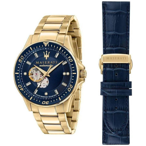 Load image into Gallery viewer, Maserati Sfida Limited Edition R8823140004 Men&#39;s Gold Tone Stainless Steel Blue Dial Automatic Watch with Diamond Accents
