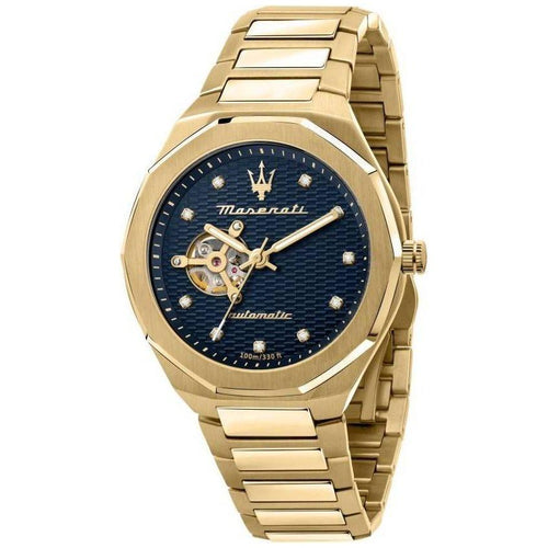 Load image into Gallery viewer, Maserati Stille Diamond Accents Gold Tone Stainless Steel Open Heart Blue Dial Automatic R8823140006 100M Men&#39;s Watch
