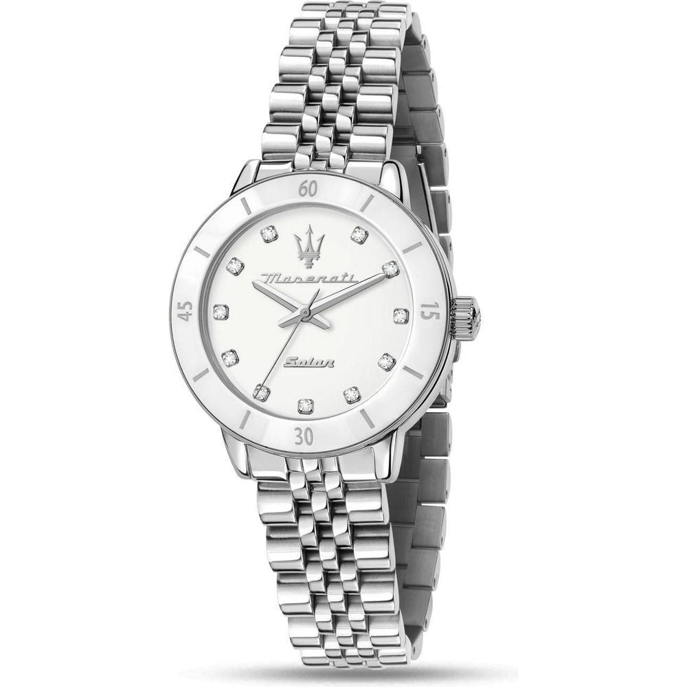 Maserati Successo R8853145515 Women's Stainless Steel Solar Watch with Crystal Accents - White Dial