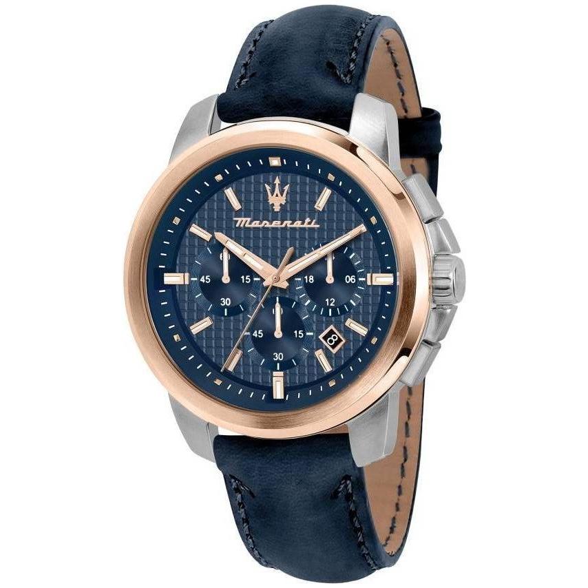 Maserati Successo Chronograph Leather Strap Replacement - Blue Dial Quartz Watch Band for Men