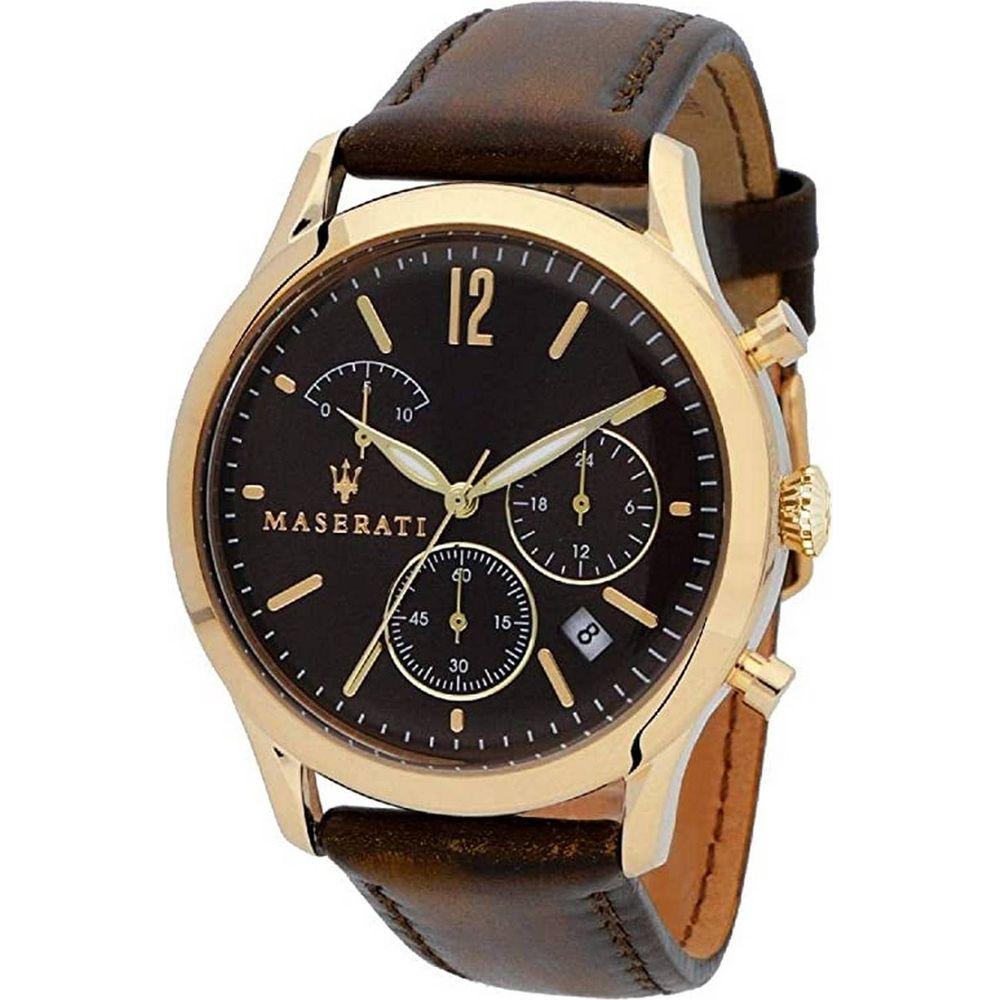 Maserati Tradizione Chronograph Quartz R8871625001 Men's Gold Tone Leather Strap Watch - Luxurious Replacement Band in Brown for Men