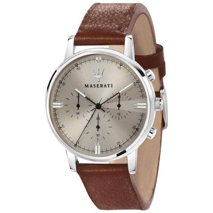 Maserati Eleganza R8871630001 Men's Ivory Dial Chronograph Quartz Watch - Stainless Steel Case, Leather Strap