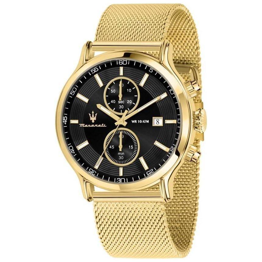 Maserati Epoca Chronograph Gold Tone Stainless Steel Mesh Black Dial Quartz R8873618014 100M Men's Watch