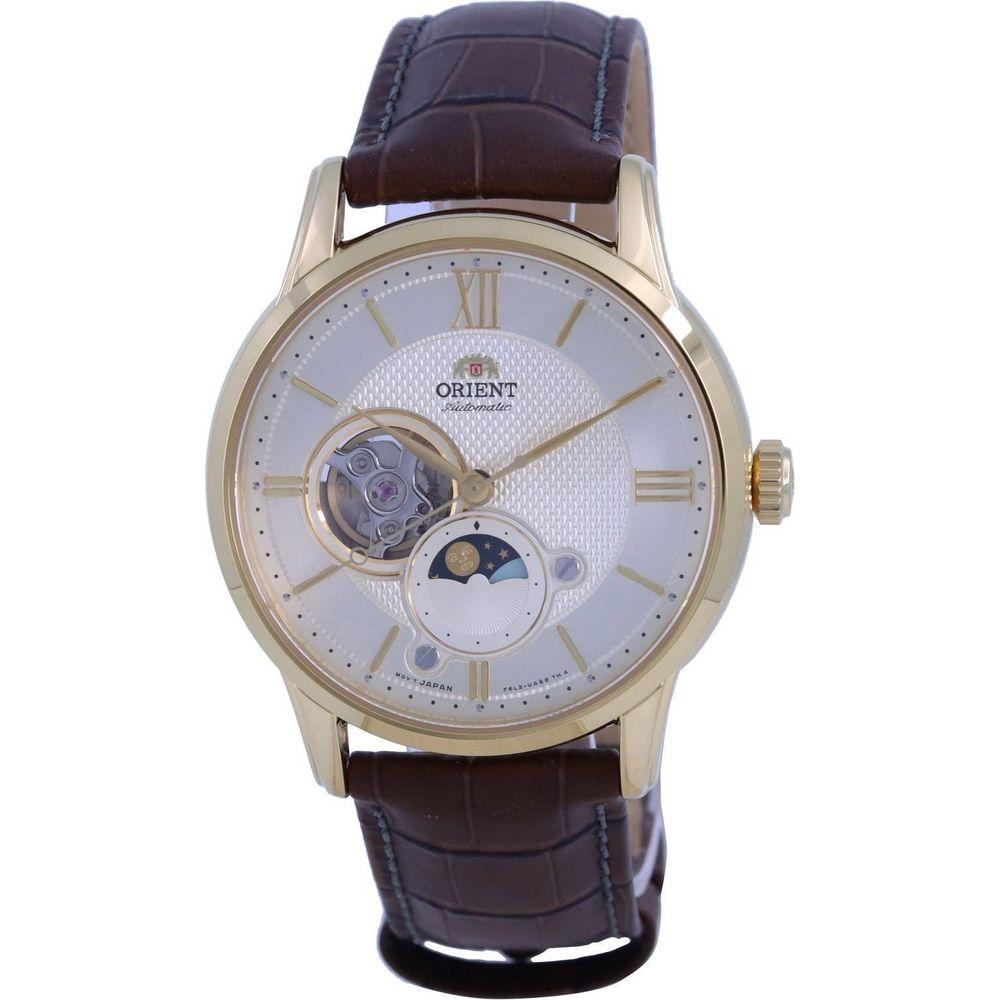 Rose Gold Leather Strap Replacement for Men's Orient Classic Sun & Moon Open Heart Automatic Watch