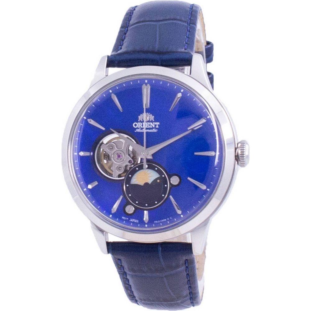 Orient Men's Sun & Moon Phase Open Heart Dial Automatic RA-AS0103A10B Blue Stainless Steel Leather Strap Watch - Watch Strap Replacement, Blue Leather Band for Men