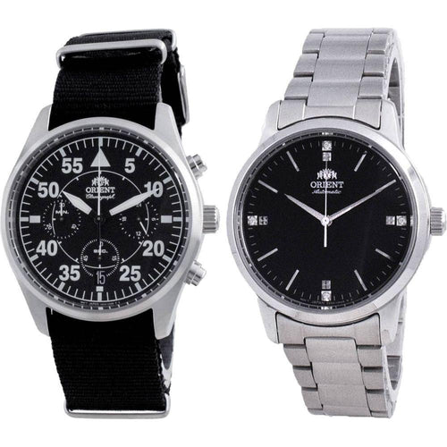 Load image into Gallery viewer, Orient Sports Flight Style Chronograph Black Dial Quartz Men&#39;s Watch RA-KV0502B10B and Contemporary Stainless Steel Automatic Women&#39;s Watch RA-NB0101B10B Combo Set
