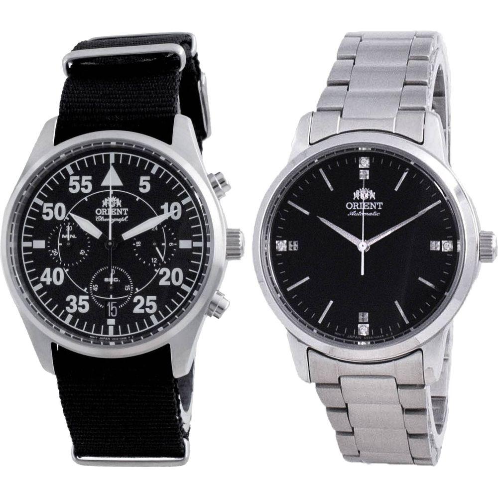 Orient Sports Flight Style Chronograph Black Dial Quartz Men's Watch RA-KV0502B10B and Contemporary Stainless Steel Automatic Women's Watch RA-NB0101B10B Combo Set