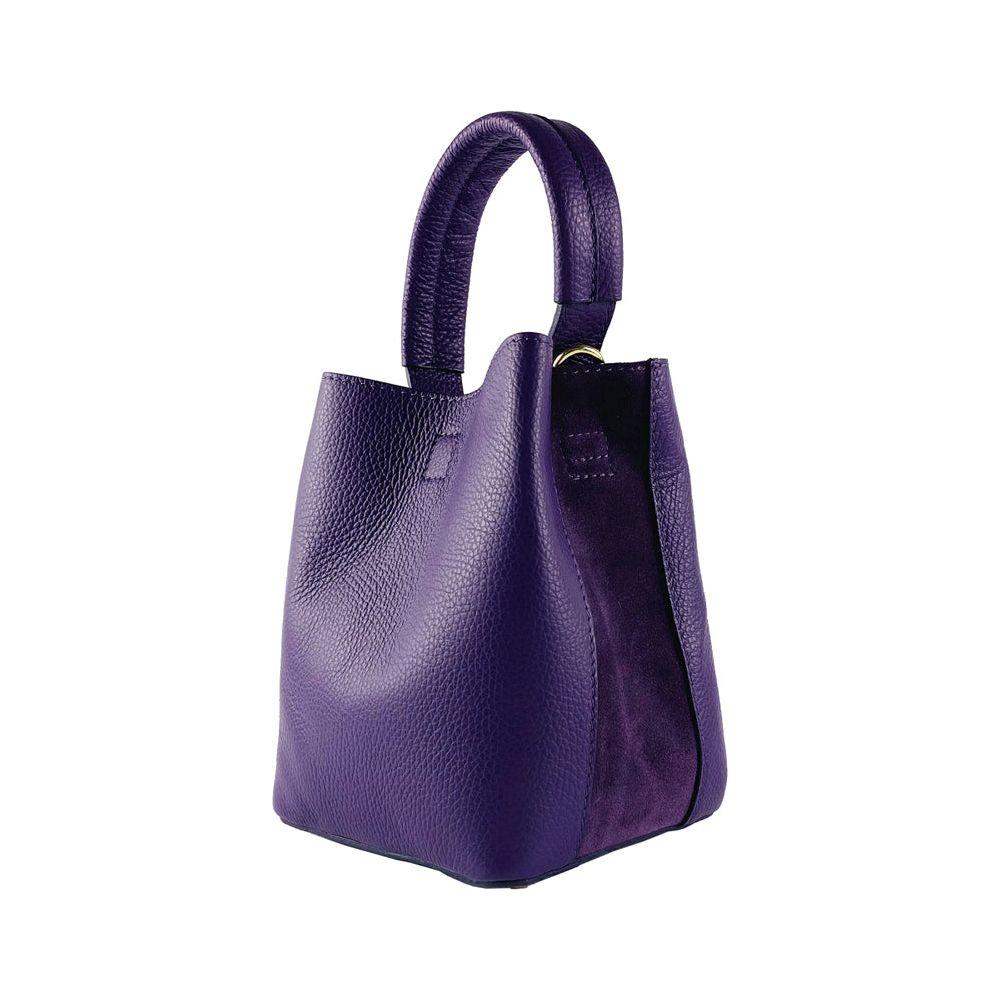 RB1006Y | Borsa Secchiello con Pochette in Vera Pelle Made in Italy.Tracollina con attacchi a moschettone in metallo Oro Lucido - Colore Viola - Dimensioni: cm 16 x 14 x 21 + Manico 13 cm-2