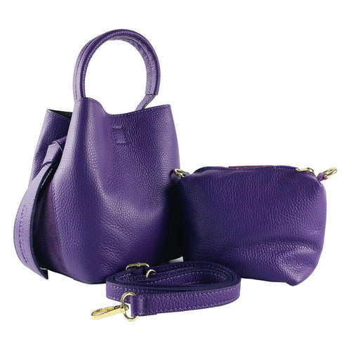 Load image into Gallery viewer, RB1006Y | Borsa Secchiello con Pochette in Vera Pelle Made in Italy.Tracollina con attacchi a moschettone in metallo Oro Lucido - Colore Viola - Dimensioni: cm 16 x 14 x 21 + Manico 13 cm-3
