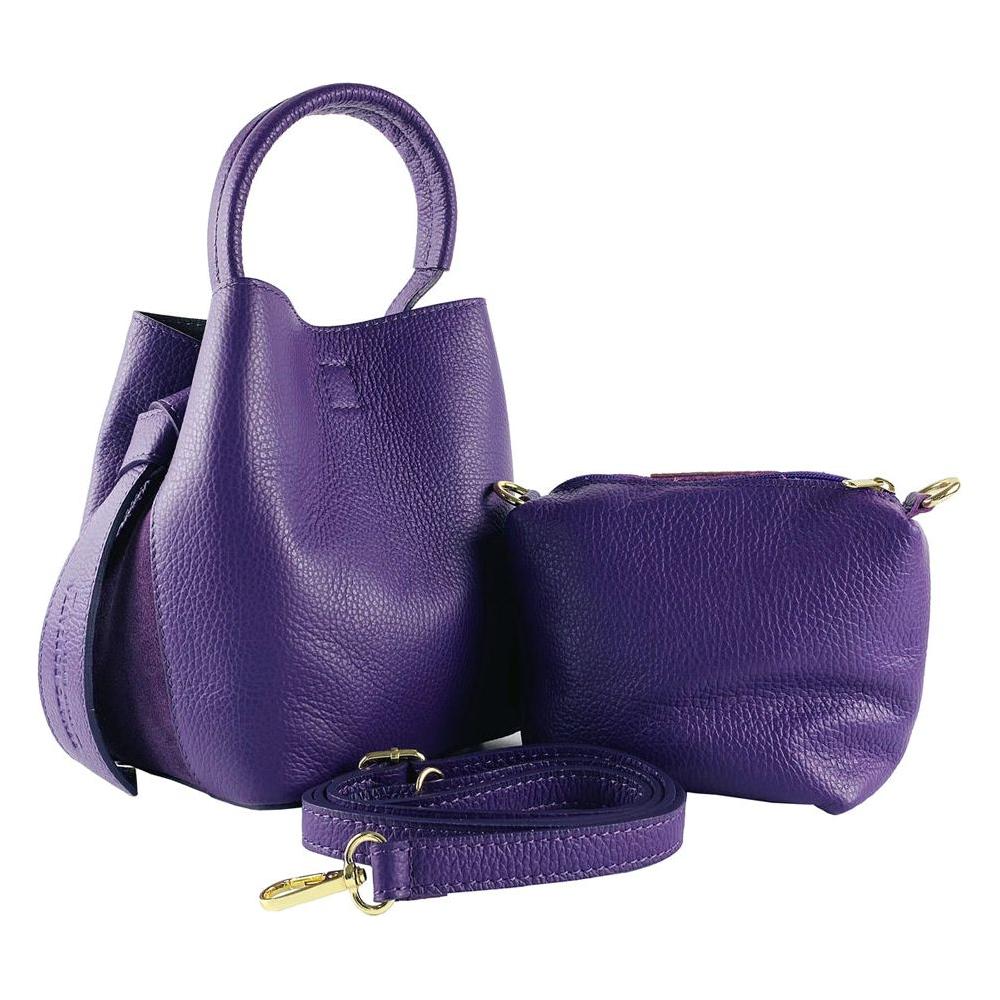 RB1006Y | Borsa Secchiello con Pochette in Vera Pelle Made in Italy.Tracollina con attacchi a moschettone in metallo Oro Lucido - Colore Viola - Dimensioni: cm 16 x 14 x 21 + Manico 13 cm-3