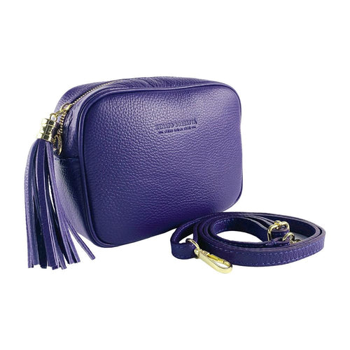 Load image into Gallery viewer, RB1007Y | Tracollina  Donna in Vera Pelle Made in Italy.Tracolla removibile. Attacchi con moschettoni in metallo Oro Lucido - Colore Viola - Dimensioni: cm 20 x 15 x 7-2
