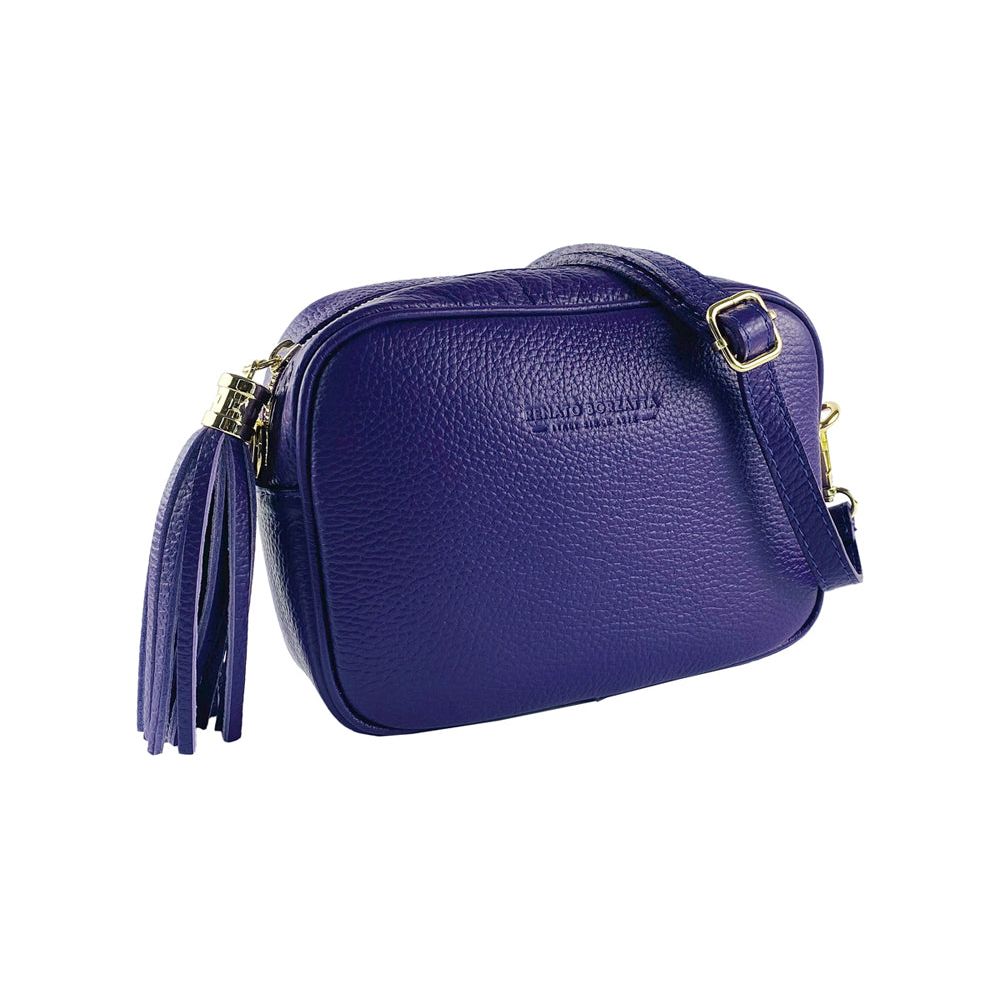 RB1007Y | Tracollina  Donna in Vera Pelle Made in Italy.Tracolla removibile. Attacchi con moschettoni in metallo Oro Lucido - Colore Viola - Dimensioni: cm 20 x 15 x 7-0