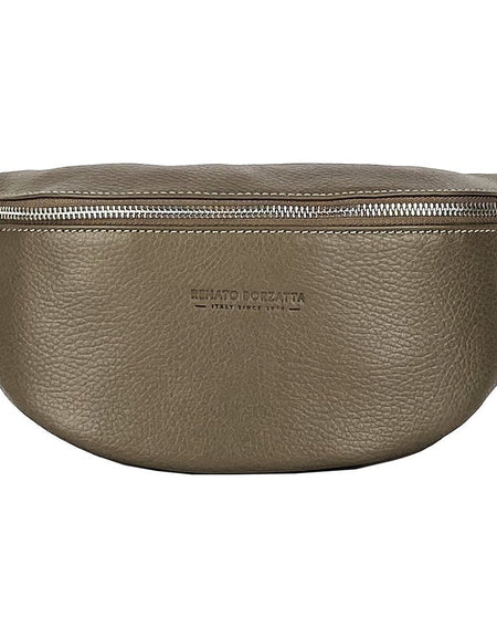 RB1015AQ | Marsupio con tracolla removibile in Vera Pelle Made in Italy. Attacchi con moschettoni in metallo Nickel Lucido - Colore Taupe - Dimensioni: 24 x 14 x 7-1