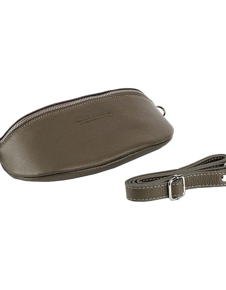 RB1015AQ | Marsupio con tracolla removibile in Vera Pelle Made in Italy. Attacchi con moschettoni in metallo Nickel Lucido - Colore Taupe - Dimensioni: 24 x 14 x 7-0