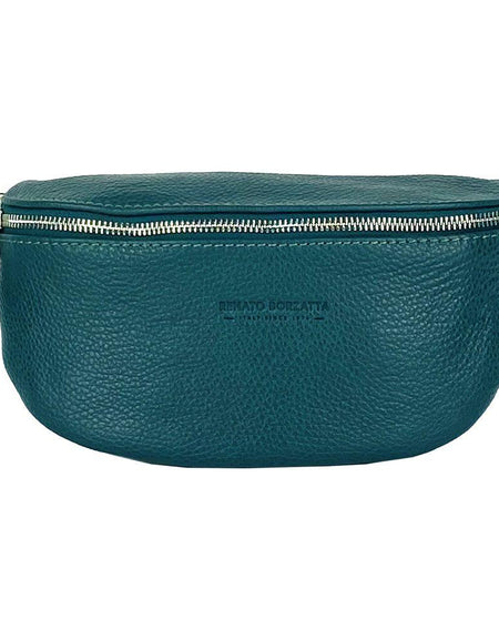 RB1015BZ | Marsupio con tracolla removibile in Vera Pelle Made in Italy. Attacchi con moschettoni in metallo Nickel Lucido - Colore Ottanio - Dimensioni: 24 x 14 x 7-1