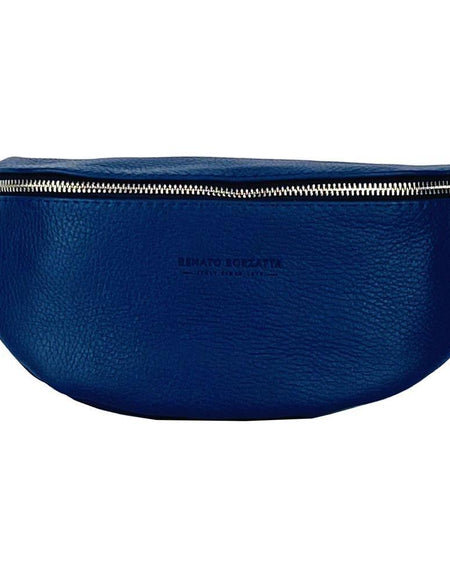 RB1015D | Marsupio con tracolla removibile in Vera Pelle Made in Italy. Attacchi con moschettoni in metallo Nickel Lucido - Colore Blu - Dimensioni: 24 x 14 x 7-1
