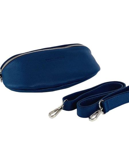 RB1015D | Marsupio con tracolla removibile in Vera Pelle Made in Italy. Attacchi con moschettoni in metallo Nickel Lucido - Colore Blu - Dimensioni: 24 x 14 x 7-0