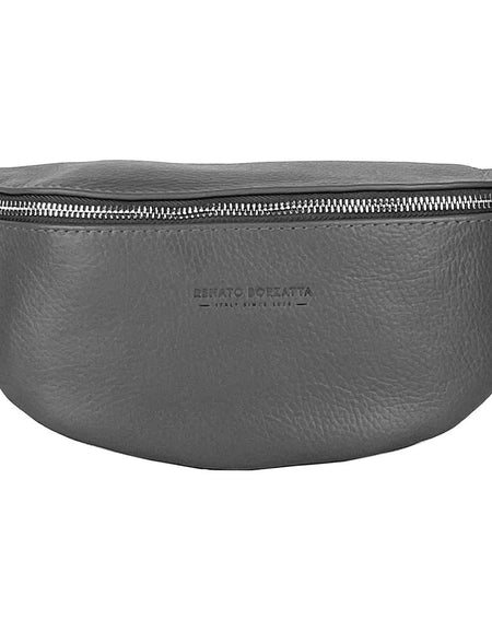 RB1015F | Marsupio con tracolla removibile in Vera Pelle Made in Italy. Attacchi con moschettoni in metallo Nickel Lucido - Colore Grigio - Dimensioni: 24 x 14 x 7-1
