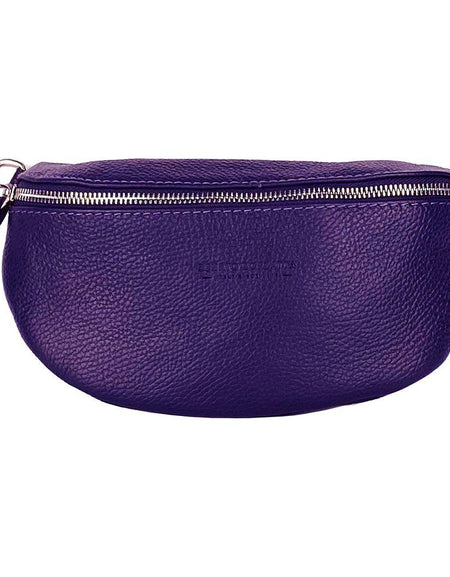 RB1015Y | Marsupio con tracolla removibile in Vera Pelle Made in Italy. Attacchi con moschettoni in metallo Nickel Lucido - Colore Viola - Dimensioni: 24 x 14 x 7-1