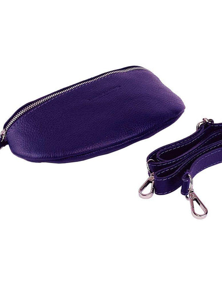 RB1015Y | Marsupio con tracolla removibile in Vera Pelle Made in Italy. Attacchi con moschettoni in metallo Nickel Lucido - Colore Viola - Dimensioni: 24 x 14 x 7-0