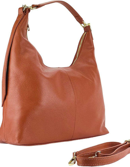 RB1017AM | Borsa Donna a spalla Morbida in Vera Pelle Made in Italy con manico singolo e tracolla removibile. Attacchi con moschettoni in metallo Oro Lucido - Colore Paprika - Dimensioni: cm 36 x 40 x 13-0