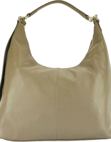 RB1017AQ | Borsa Donna a spalla Morbida in Vera Pelle Made in Italy con manico singolo e tracolla removibile. Attacchi con moschettoni in metallo Oro Lucido - Colore Taupe - Dimensioni: cm 36 x 40 x 13-1