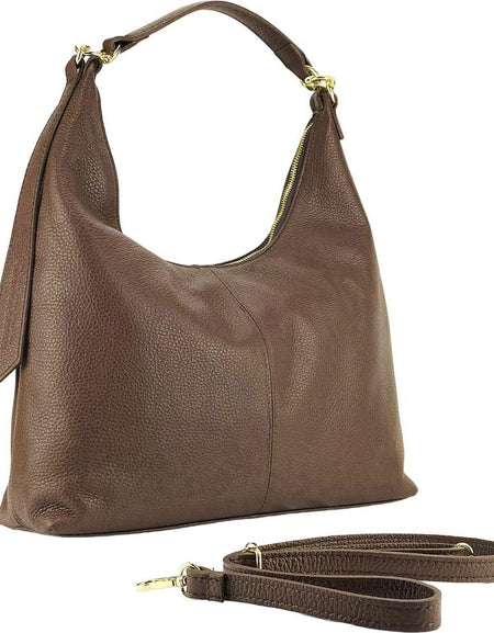 RB1017BV | Borsa Donna a spalla Morbida in Vera Pelle Made in Italy con manico singolo e tracolla removibile. Attacchi con moschettoni in metallo Oro Lucido - Colore Cioccolato - Dimensioni: cm 36 x 40 x 13-0