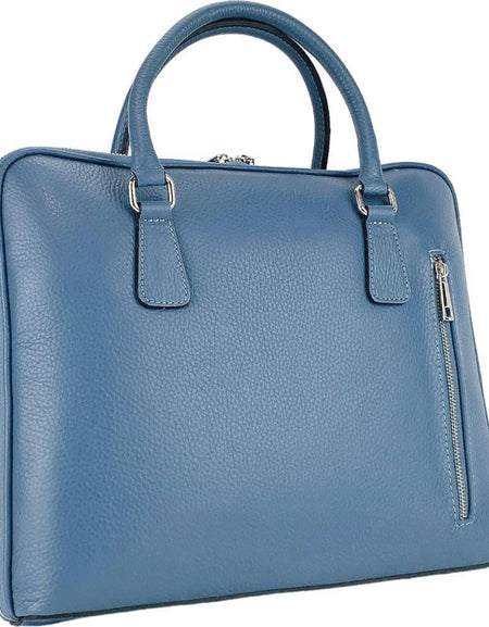 RB1019P | Cartella Business Unisex in Vera Pelle Made in Italy con tracolla removibile. Attacchi con moschettoni in metallo Nickel Lucido - Colore Avio - Dimensioni: cm 37 x 29 x 6,5-1
